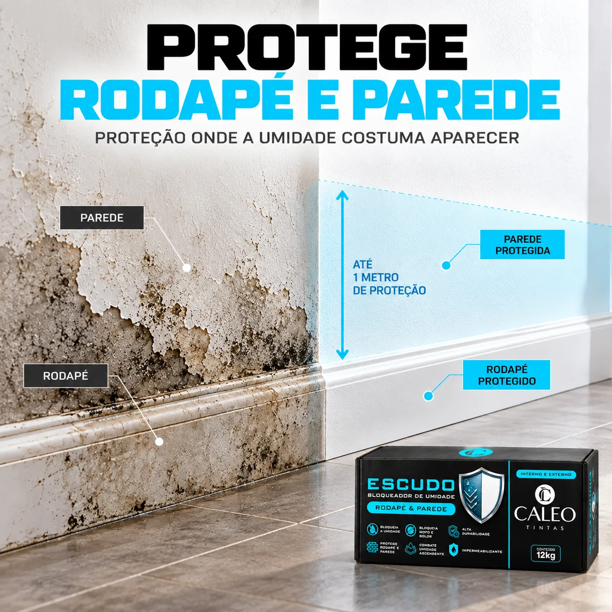 Parede com umidade ascendente protegida até um metro de altura a partir do rodapé